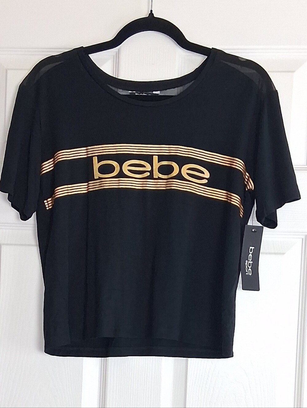 bebe Sport Black Mesh Gold Logo Short Sleeve Crop Top Tshirt